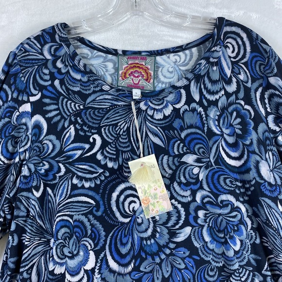 NWT Johnny Was Blouse Top Sz L Blue Artsy Whimsical Printed 3/4 Sleeve MSRP $150 - Picture 2 of 11
